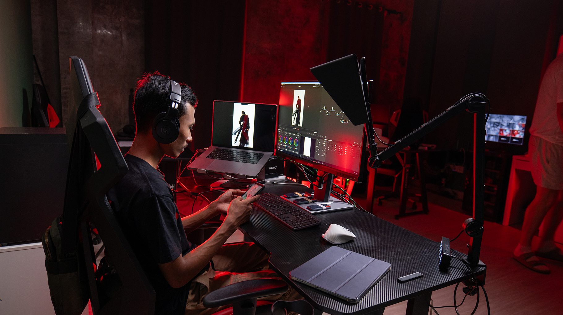 Video editing workstation with color grading on the monitor